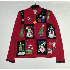 Tiara International Embroidered Christmas Snowman Cardigan Sweater Size M Red